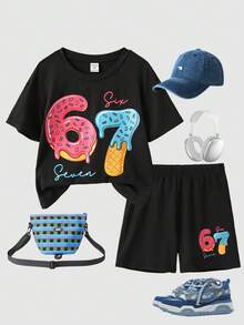 SHEIN 2pcs/Set Young Girls' Six Seven Print Knit Loose T-Shirt + Leggings Set, Casual, Fashionable, Versatile, Suitable For Party, Outing, Photoshoot With Friends, Park, Camping, Vacation, Daily Casual Wear - Black - View 6