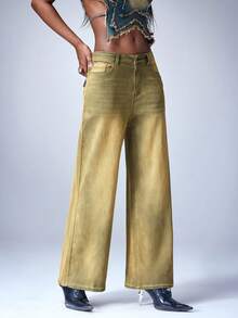 Y2Kool BiGraphic Women's Music Festival Sexy Hot Chick Y2K Yellow-Green Retro Mid-Rise Loose-Fit Distinctive Slightly Flared Casual Slimming Straight-Leg Jeans Distressed Washed Design Versatile Fashionable Pants - Yellow - View 5