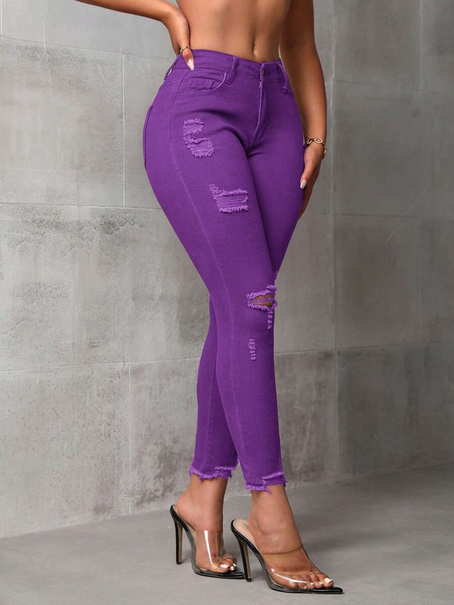 SHEIN SXY Solid Color Casual Slim Fit Everyday Versatile Jeans - Purple - View 1