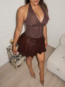 Maria Perezxox Women Cotton Striped Stand Collar Single-Breasted Vest Thin Blazer In Fall/Winter - Brown - View 3