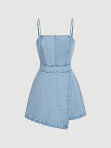 SHEIN MOD Women's Denim Bib Pants And Jumpsuit Suspender Matching Piece Romper, Blue - Light Wash - View 1