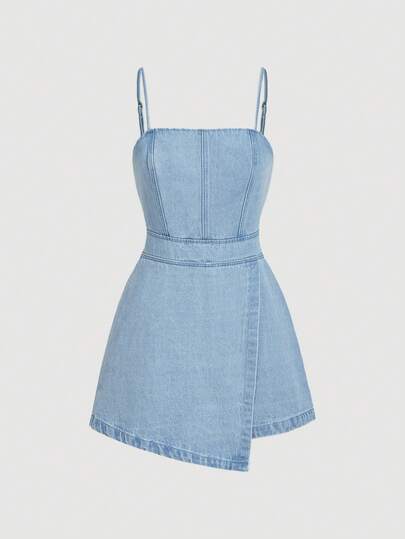 SHEIN MOD Women's Denim Bib Pants And Jumpsuit Suspender Matching Piece Romper, Blue