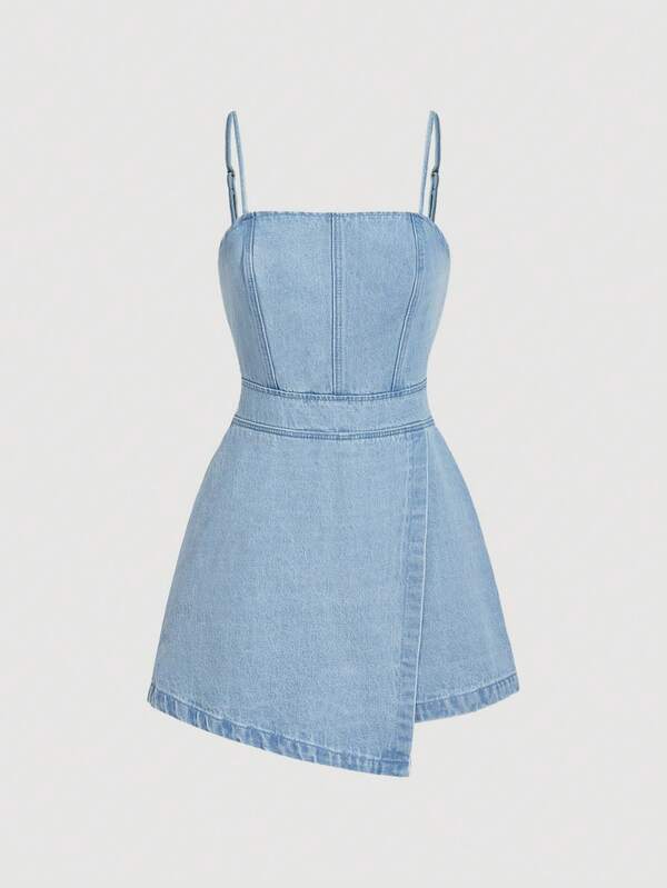 SHEIN MOD Women's Denim Bib Pants And Jumpsuit Suspender Matching Piece Romper, Blue