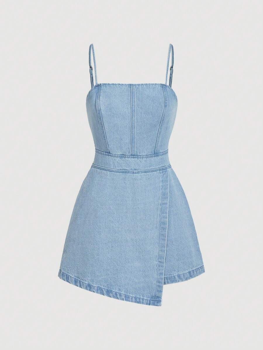 SHEIN MOD Women's Denim Bib Pants And Jumpsuit Suspender Matching Piece Romper, Blue - Light Wash - View 1