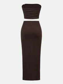 SHEIN 少女粉色碎花修身休闲舒适优雅背心和中长裙两件套 - 棕色 - 查看 3