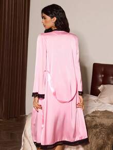 Slumberist 2pcs Faux Silk Lace Patchwork Criss-Cross Backless Tie Robe & Slip Dress Set For Women - Pink - View 2