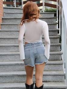 SILVIA DI SANTO Solid Tie Front Lettuce Trim Mesh Y2k Top - White - View 2