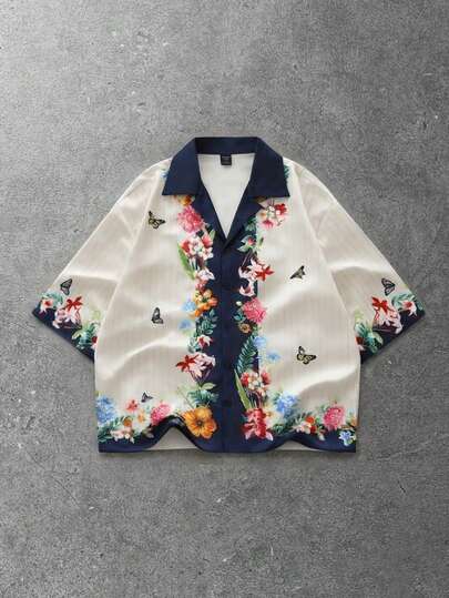 ROMWE MEN Men's Floral Vacation Style Loose Fit Short Sleeve Shirt