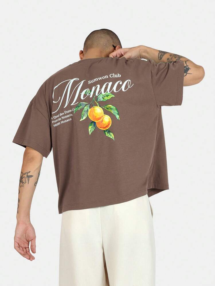 Boxy Fit Monaco Club Graphic Tee With Orange Print Short Sleeve Crew Neck Cotton Tshirt Vintage Style