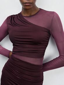Maija Women's Solid Color Mesh Patchwork Long Sleeve Mini Dress,High Stretch Ruched Resort Wear 2026,Pink Plaid,Autumn,Seksi Chic,Night Out Club - Burgundy - View 6