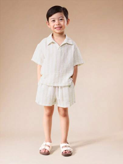 SUMWON Boys Linen Feel Short Sleeve Collared Shirt And Shorts Summer Co-Ord Set Casual Vacation Beach Outfit