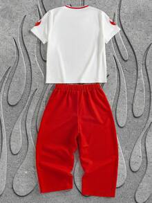 SHEIN HOT STUFF Young Boy Cartoon Pattern V-Neck Short Sleeve T-Shirt And Shorts Set, Summer - Red - View 2