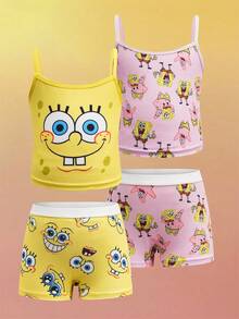 SpongeBob SquarePants | SHEIN Conjunto de 2 piezas de top de tirantes y shorts tipo bóxer con gráficos de dibujos animados lindos para niña - Amarillo - Ver 1