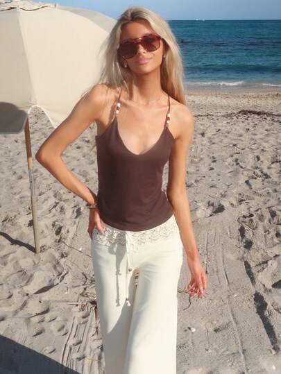 Sydney Algeri 棕色串珠吊带背心，女士夏季紧身性感复古吊带衫，沙滩度假无袖上衣