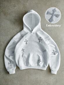 PAVTROS 男士街头风流行INS十字刺绣全印花连帽衫，户外音乐节、夜店礼物，送给男友/老公，周年纪念日礼物，白色 - 淺灰色 - 查看 3