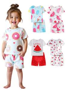 2件套女婴卡通冰淇淋、甜甜圈、西瓜印花短袖上衣和短裤连体睡衣套装，面料柔软舒适，夏季贴身穿着 - 彩色 - 查看 2