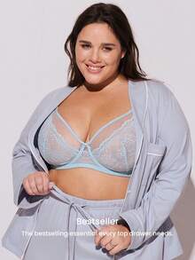 LUVLETTE Plus Woman Blue Lingerie Full Coverage Side Support&Breathable Underwire Sexy Unlined Lace & Mesh Sheer Minimizer Bra - Blue - View 6