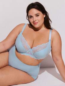 Plus  Woman Blue Lingerie Full Coverage Support&Breathable Underwire Sexy Unlined Sheer Minimizer Lace Bra - Blue - View 7