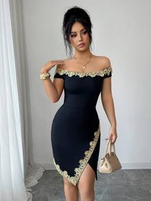 SHEIN Elenzya Elegant Romantic Off-Shoulder Ruffle Asymmetric Hem Bodycon Dress For Women - Black - View 3