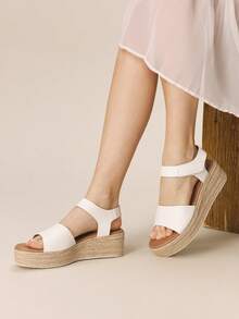 Styleloop 女士时尚纯色编织休闲坡跟凉鞋，波西米亚风度假复古 Vespa 帆布坡跟踝带凉鞋，春夏鞋款，春假复活节 - 白色3 - 查看 2