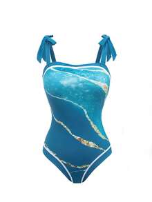 Swim Oasis Áo tắm liền thân kiểu dáng nghỉ dưỡng tối giản in họa tiết dành cho nữ - Màu xanh lam - Xem 3