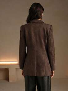 Anewsta Faux Suede Multi-Pocket Long Sleeve Elegant Blazer Jacket - Brown - View 2