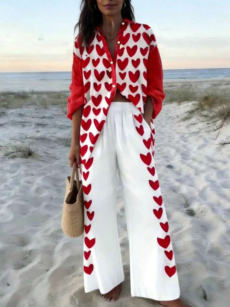SHEIN Lunessa 女士宽松爱心印花两件套度假套装 - 彩色 - 查看 1