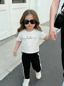 2pcs Baby Girls Casual Versatile Heart & Letter Print Round Neck Short Sleeve Top And Leggings Set, Suitable For Spring, Summer, Autumn - Black and White - View 1