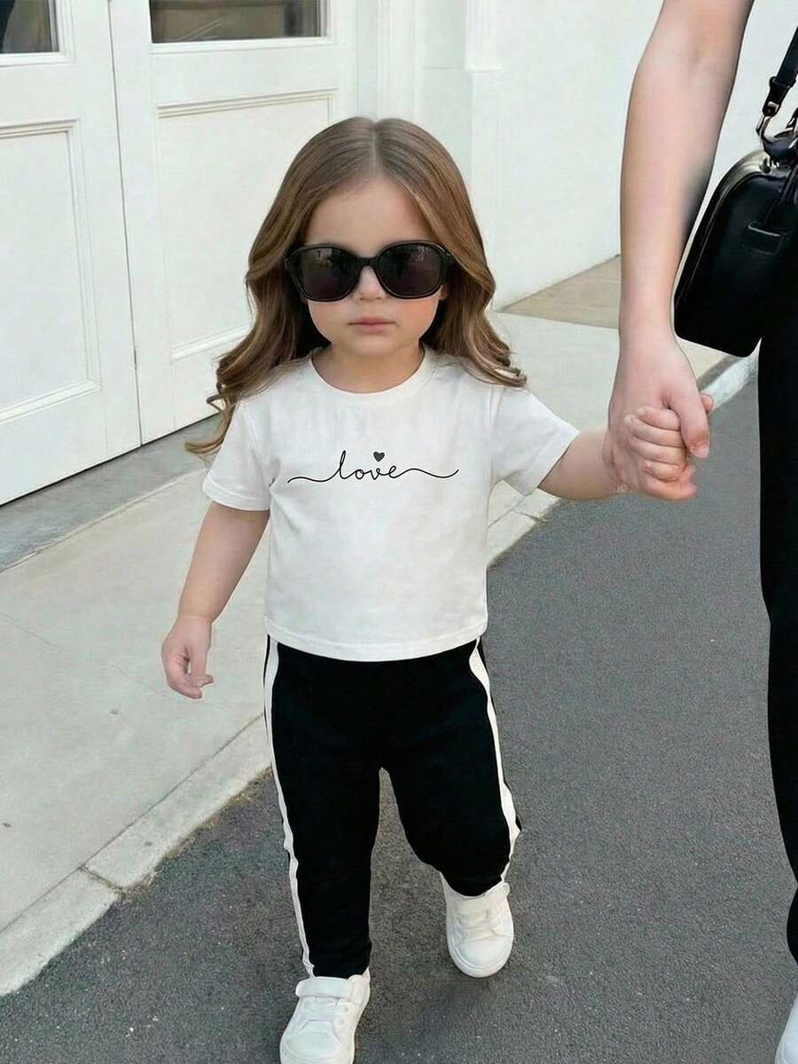 2pcs Baby Girls Casual Versatile Heart & Letter Print Round Neck Short Sleeve Top And Leggings Set, Suitable For Spring, Summer, Autumn - Black and White - View 1