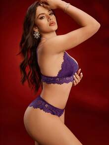 SHEIN Women's Sexy Solid Color Lace Lingerie Set - Purple - View 4