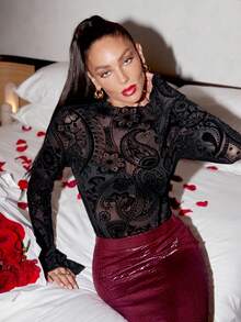 Lavishia Flocked Print Fitted Flare Sleeve Semi-Sheer Blouse - Black - View 5