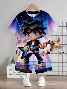 SHEIN Young Boy Casual Simple T-Shirt Set, Suitable For Spring & Summer, Classic Cool Cube Pixel 3D Cartoon Character Space Concert Bass Guitar Graphic Print - Multicolor - View 2