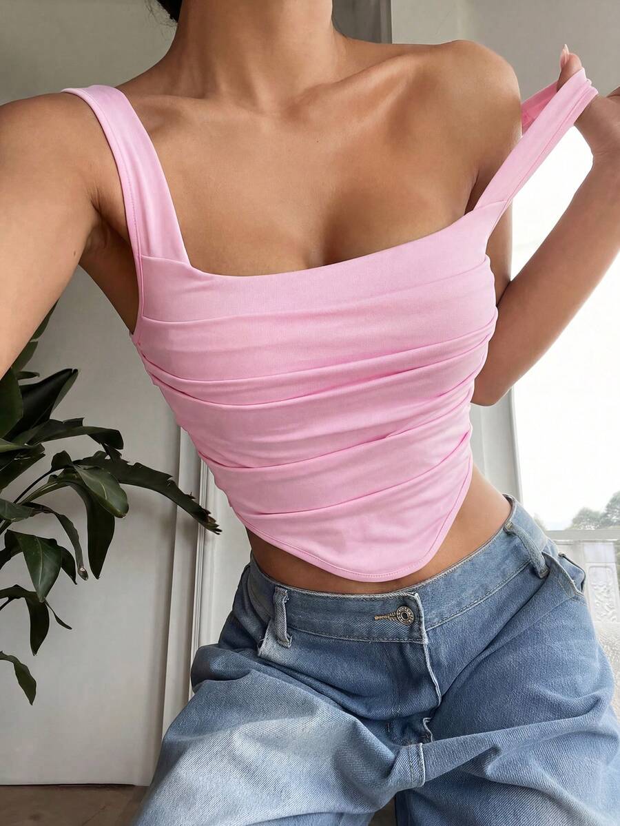 SHEIN EZwear Sleeveless Fashion Versatile Women's Camisole Top, Draped Neckline Design, Ruffle Trim, Spring/Summer - Pink - View 1