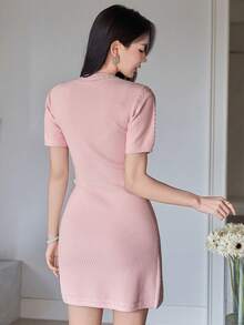 DAZY 女士优雅纯色圆领口袋毛衣连衣裙，夏季 - 粉色 - 查看 2
