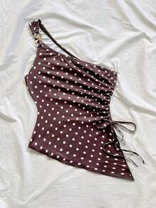 Soleia Women's Summer Vacation Beige Knit Jacquard Textured One-Shoulder Fitted Hem Slit Drawstring Ruched Camisole, Suitable For Party, Date, Valentine's Day, Easter, Carnival, Afternoon Tea, Beach, Cruise, City Vacation - Brown - View 4