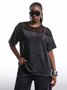 SHEIN EZwear 大码网眼拼接宽松T恤，春夏女式网眼上衣，女士超大码T恤，女士超大码破洞T恤 - 深灰色 - 查看 3