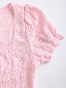 Sweetra 可爱性感粉色蕾丝拼接提花泡泡袖短袖T恤，女士夏季款 - 粉色 - 查看 5