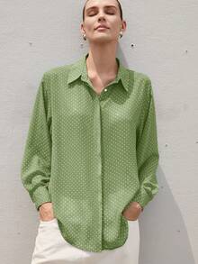 Aveloria Modichic Minimalist All-Match Versatile Black & White Chiffon Polka Dot Sheer Collar Long Sleeve Blouse, Suitable For Spring & Summer - Green - View 6
