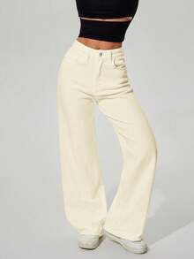 Jeanoix Jeans rectos de pierna con bolsillo en ángulo de unicolor, versátiles y casuales - Albaricoque - Ver 4