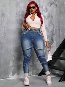 Slaydiva Plus Size Women Blue Denim High Waist Distressed Skinny Jeans - Medium Wash - View 5