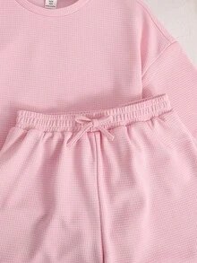 SHEIN LMoss Kids LMoss 儿童青少年女孩纯色针织短袖圆领上衣和宽松短裤休闲两件套 - 粉色 - 查看 5