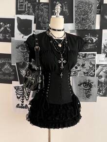 Attitoon 女士休闲复古系带褶皱修身衬衫，适合Y2K风格 - 黑色 - 查看 12