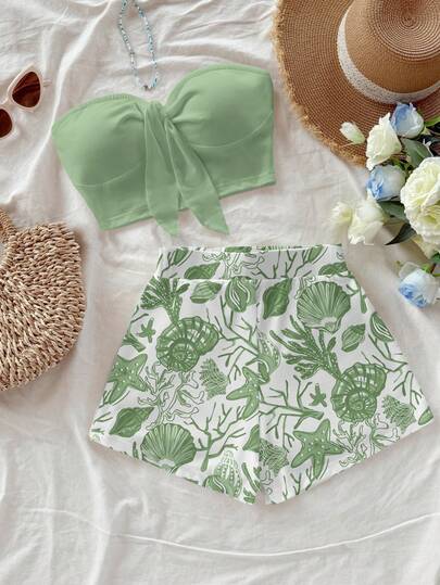 Soleia 女士纯色扭结设计褶皱抹胸上衣和短裤休闲两件套