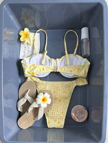 Swim Mod 2pcs Women Floral Print Soft Cup Underwire Bikini Swimsuit Set, Summer Holiday Beach - Yellow - View 2