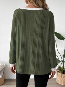 SHEIN LUNE Jersey de cuello redondo de mujer de nuevo color Maillard, informal, para otoño/invierno 2024 - Verde militar - Ver 9