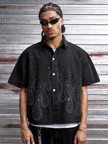 AXEPEAK Men's Washed Short Sleeve Shirt With Rhinestone Embellishment - Black - View 4