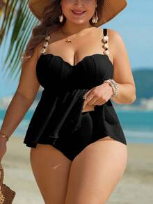 Swim Lushoire 2026 New Plus Size Printed Tankini Swimwear, Special Fabric With Shell & Stone Decor - Black - View 6