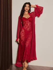 Slumberist Women's Mature Sexy Lingerie Set, Super Long Mesh Robe And Lace Backless Slip Dress 2 Pieces Set Sexy 2piece Nightgown Lingerie Set With Robe Red Night Gown Long Lingerie Dress Spaghetti Strap Lace Night Gown - Burgundy - View 4