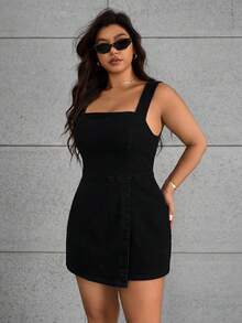 SHEIN ICON Plus Size Solid Color Square Neck Sleeveless Wide Strap Simple Design Denim Suspender Sexy Dress - Black - View 5