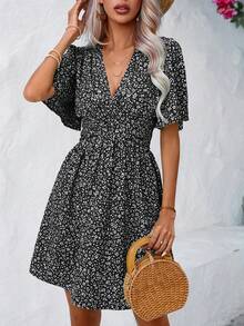 Wandoria Women's Casual V-Neck Ruffle Sleeve Ditsy Floral Dress, Summer - Black and White - View 5